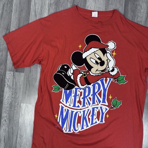 Vintage Mickey Unlimited T-Shirt Christmas Disney Red Santa Merry Mickey 25X33 - Picture 2 of 8